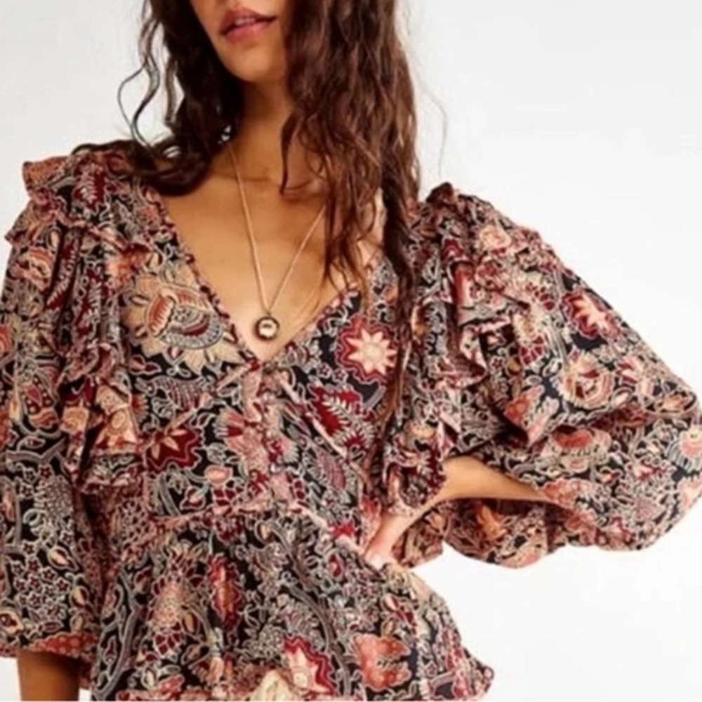 House of Harlow 1960 Jaipur Print Boho‎ Floral Ruffle Blouse